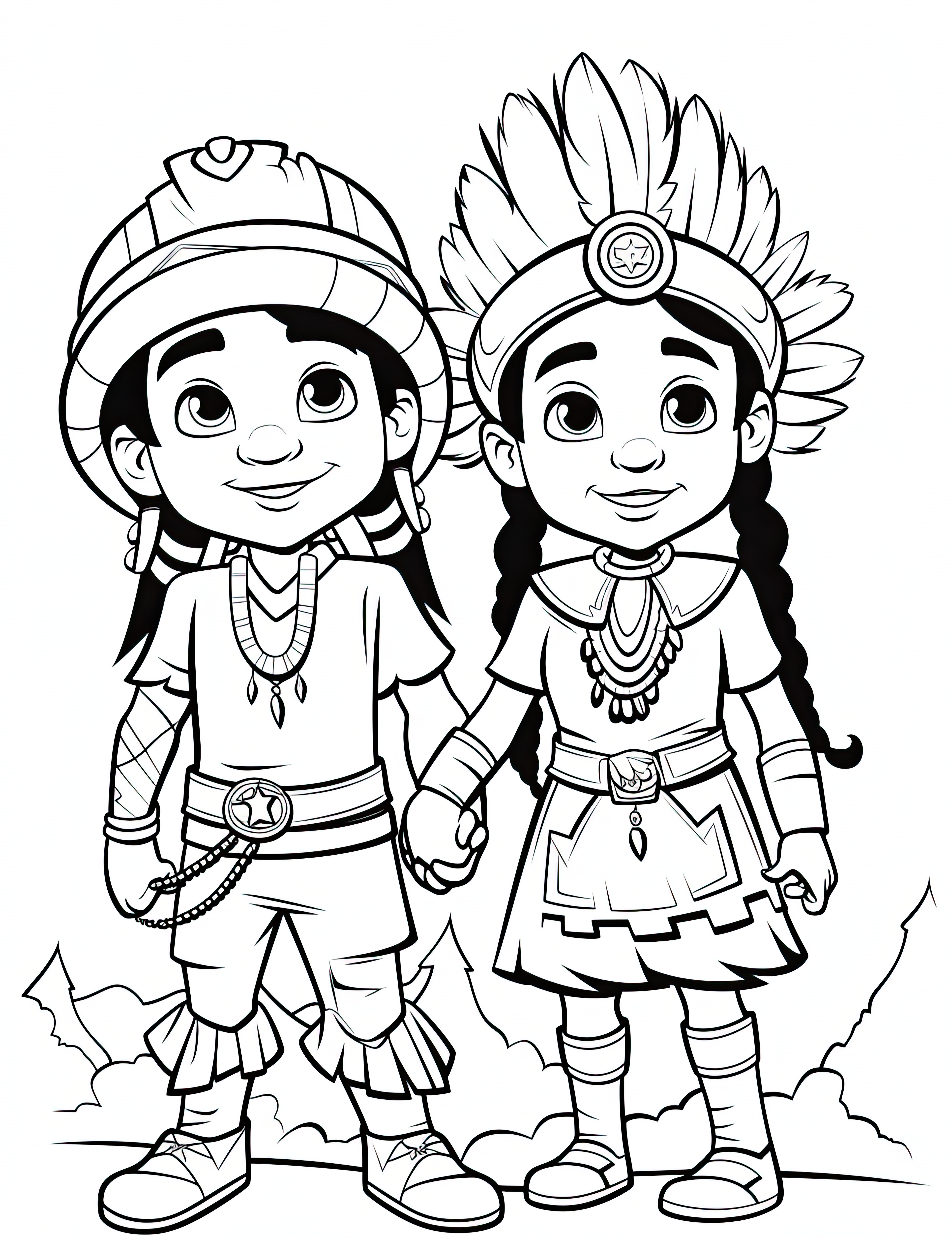 Cheerful Pilgrim and Native American Kids Coloring Page