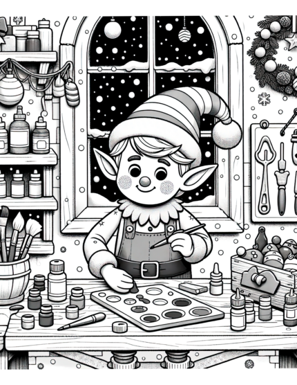 Elf and Toys Coloring Page