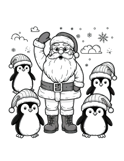 4 Penguins Santa Claus Coloring Page