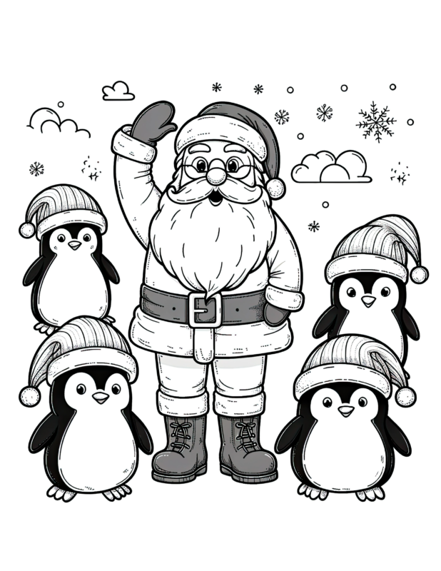 Penguins Santa Claus Coloring Page