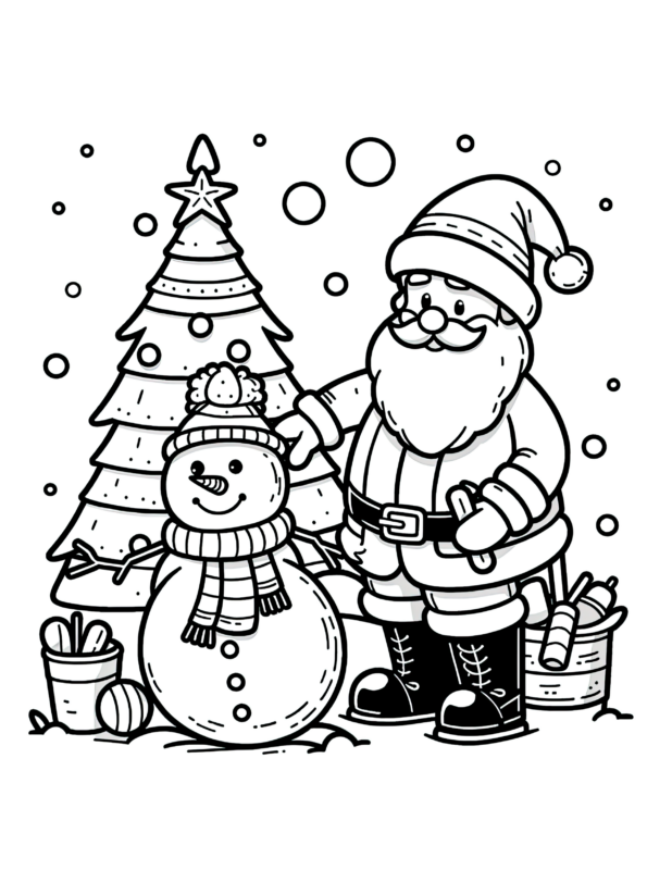Snowman and Santa Coloring Page