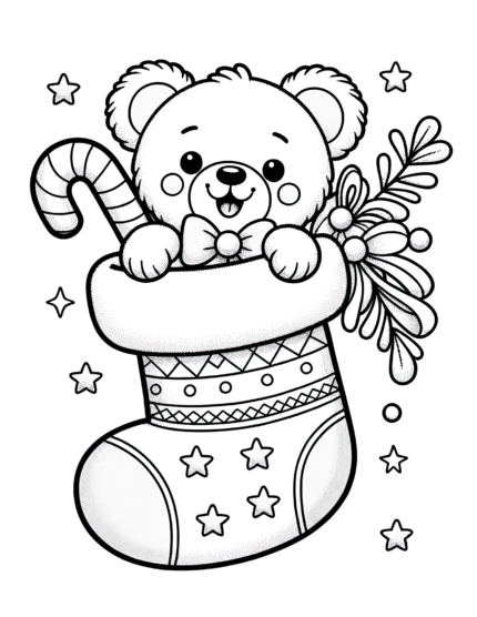 Candycane Teddy Bear Stocking Coloring Page